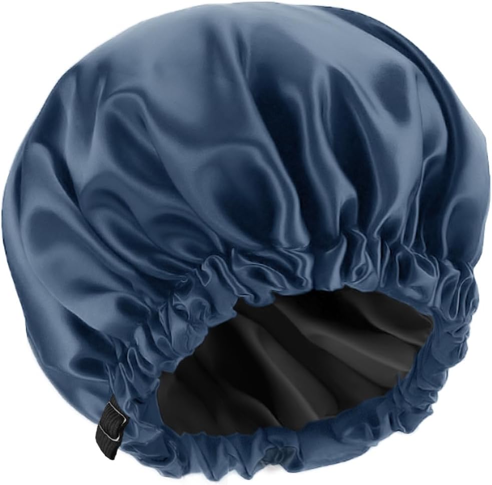 Shower Cap,100% Real Satin Lined Shower Caps,Extra Large Shower Cap for Women Reusable Waterproof,Adjustable Size&Long Hair Bath Caps - Image 1