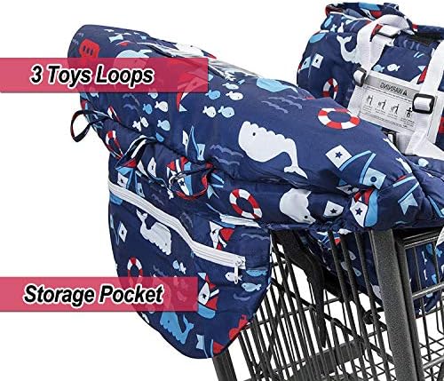Padded toddler shopping trolley seat cover showcasing built-in toy loops