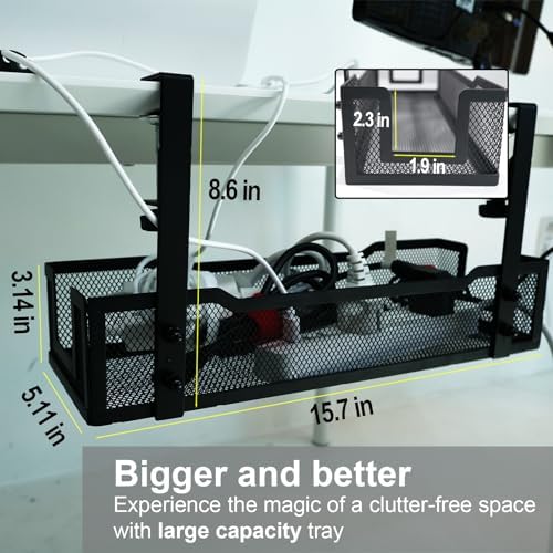 Bounaspace thin steel cable tray basket containing heavy power strips and computer chargers with organized routing.