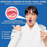 Close up view of tonsil stone vacuum device with blue light indicator.