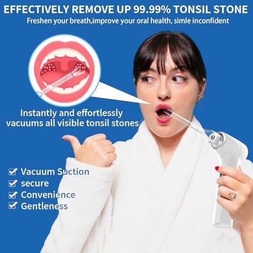 Close up view of tonsil stone vacuum device with blue light indicator.