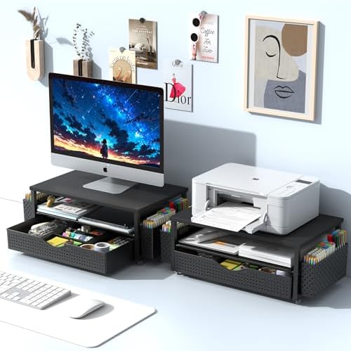 Three quarter angle of Spacrea monitor stand showing the spacious under shelf document storage tray.
