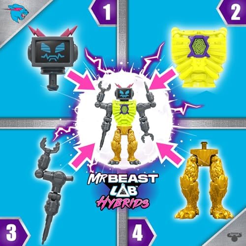 Close up view of the interchangeable robot and skeleton toy parts laid out for custom assembly