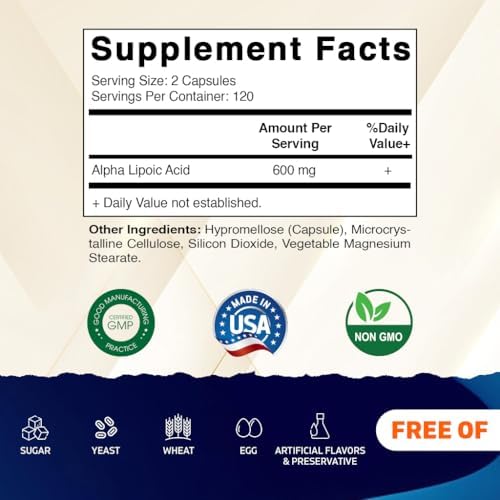 Close up view of Vitamatic Alpha Lipoic Acid antioxidant formula packaging details