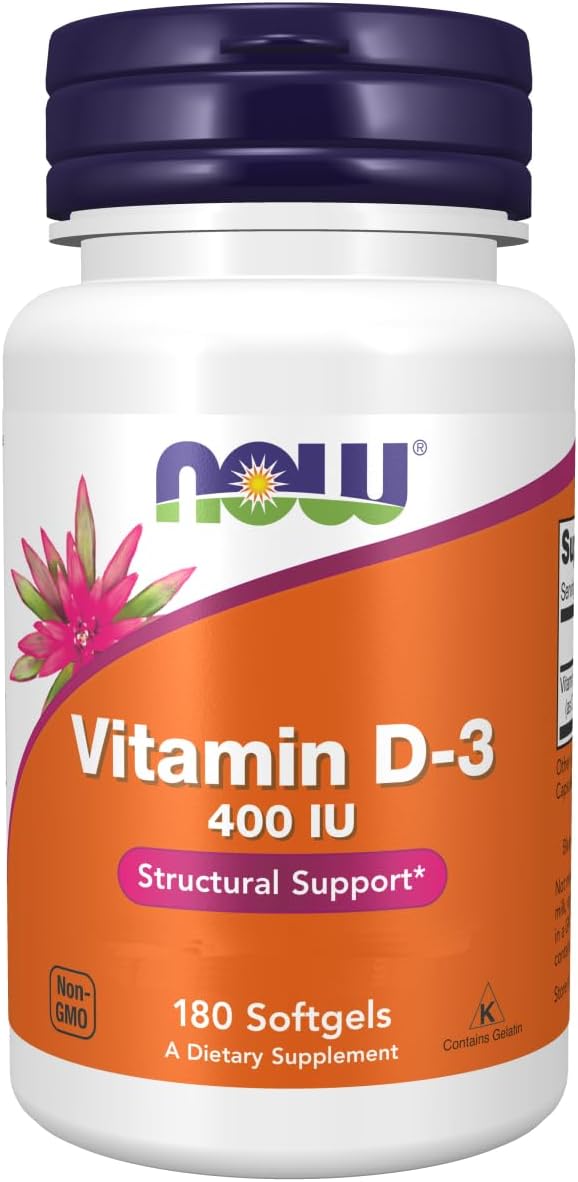 Now Foods Vitamin D-3 400 IU 180 Softgels front bottle view dietary supplement