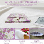 Wisplume purple floral tablet pouch showing button closure detail