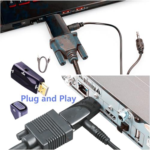 Rayihni male HDMI to female VGA converter with the included audio auxiliary cable connected.