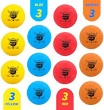 Close up of safe furniture friendly indoor knee hockey replacement balls with printed crossed sticks logo.
