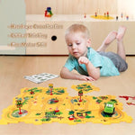 Twelve colorful interlocking plastic jigsaw track tiles spread out on a living room floor.