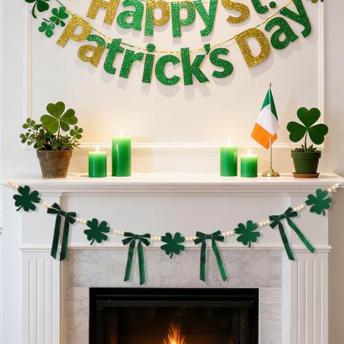 Lightweight CRAFLOX green clover garland hanging over a home entryway doorway for party decor