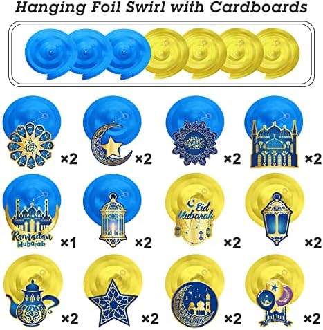 Zonon Ramadan party supplies set arranged flat to display all thirty pieces of festive home decorations.
