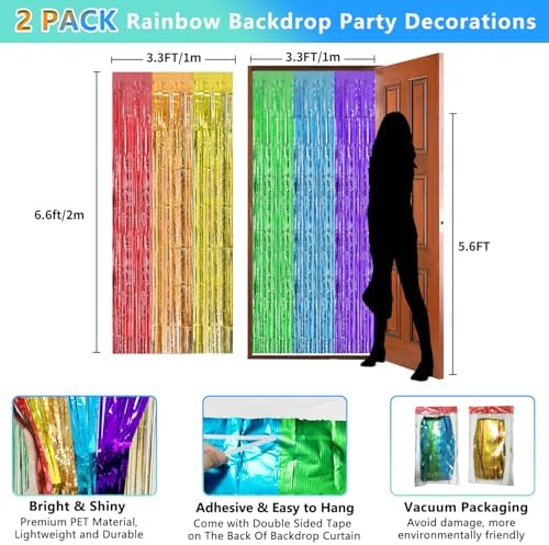 Metallic rainbow tinsel background curtain streamer panels installed on a white wall