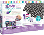 Close up of a child using the purple handheld stamper tool to apply a paper dot to the numbered canvas.