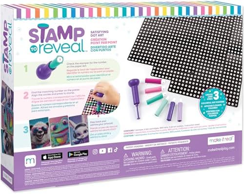 Close up of a child using the purple handheld stamper tool to apply a paper dot to the numbered canvas.