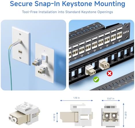 Close up of LC UPC duplex fiber interface on Cable Matters keystone jack