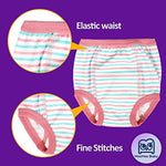 An eight pack assortment of MooMoo Baby absorbent training pants for girls and boys displayed together.