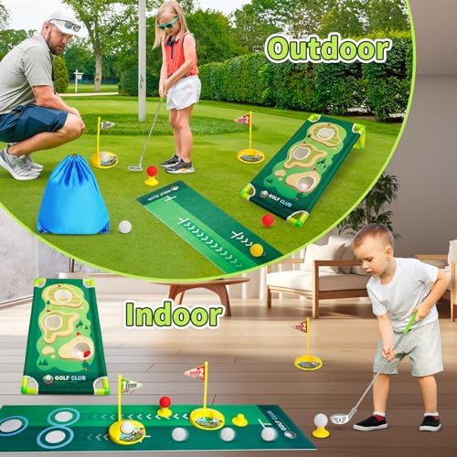 Child playing with Scwdau adjustable golf club set outdoors