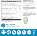 Back label of Orgain Micronized Creatine showing the metabolism blend details and vegan certification symbols.