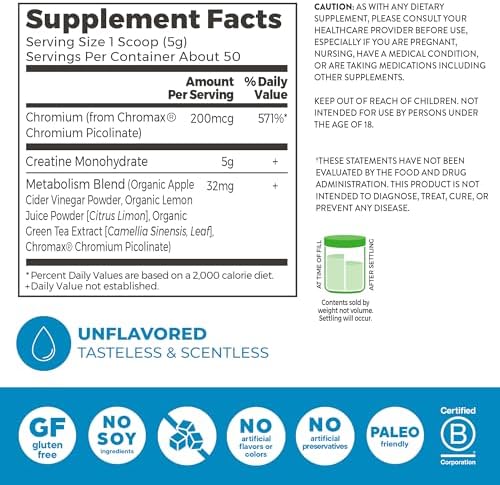 Back label of Orgain Micronized Creatine showing the metabolism blend details and vegan certification symbols.
