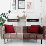 Before and after comparison of dark brown leather sofa repaired with WEYSTOM balm.