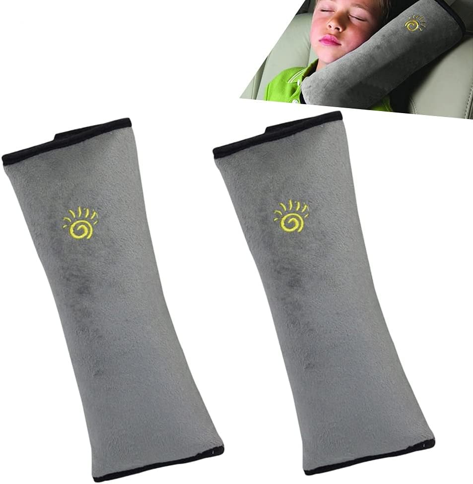 COFFLED gray seat belt pillow for kids front view showing soft velvet texture