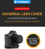 Black flexible element proof camera cover stretched over a DSLR lens barrel