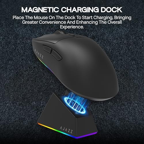 Underside view of AJ139 mouse showcasing the PAW3311 optical tracking sensor window and tri-mode connectivity switch.