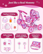 Toddler playing with Babeside doll stroller and accessories