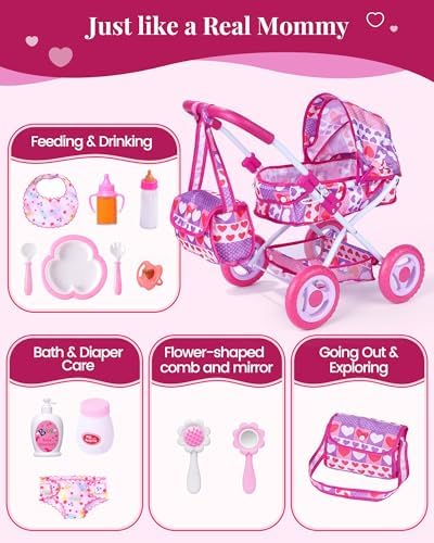 Toddler playing with Babeside doll stroller and accessories