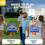 Children playing with the Toy Life 5-hole outdoor cornhole game