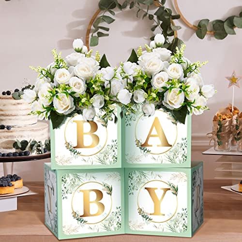 Sage green flower boxes for baby shower table display