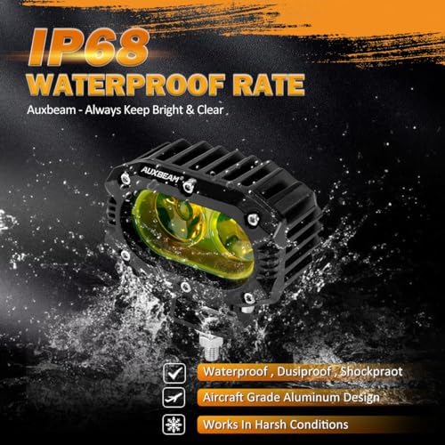 Auxbeam 4 Inch LED Amber Pod Light, 60W Driving Yellow Flood Beam Square Pod Fog Lights with DT Wiring Harness for Motorbike SUV ATV Truck Jeep Boat Tractor Forklift (2 Pcs) - Image 5