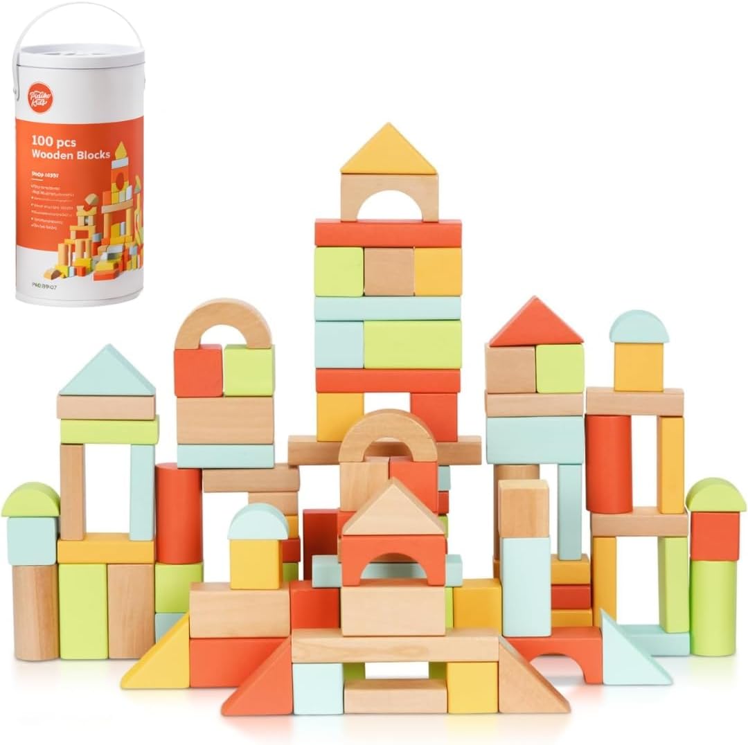 Fun Buds Pidoko Kids 100 pieces wooden building blocks set front view showing storage bucket with shape sorter lid