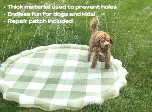 Brooklyn Neutral green gingham check splash pad laid out flat on a patio surface