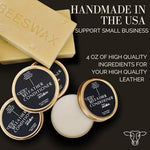 Eco-friendly leather salve ingredients including mink oil and sweet almond oil.