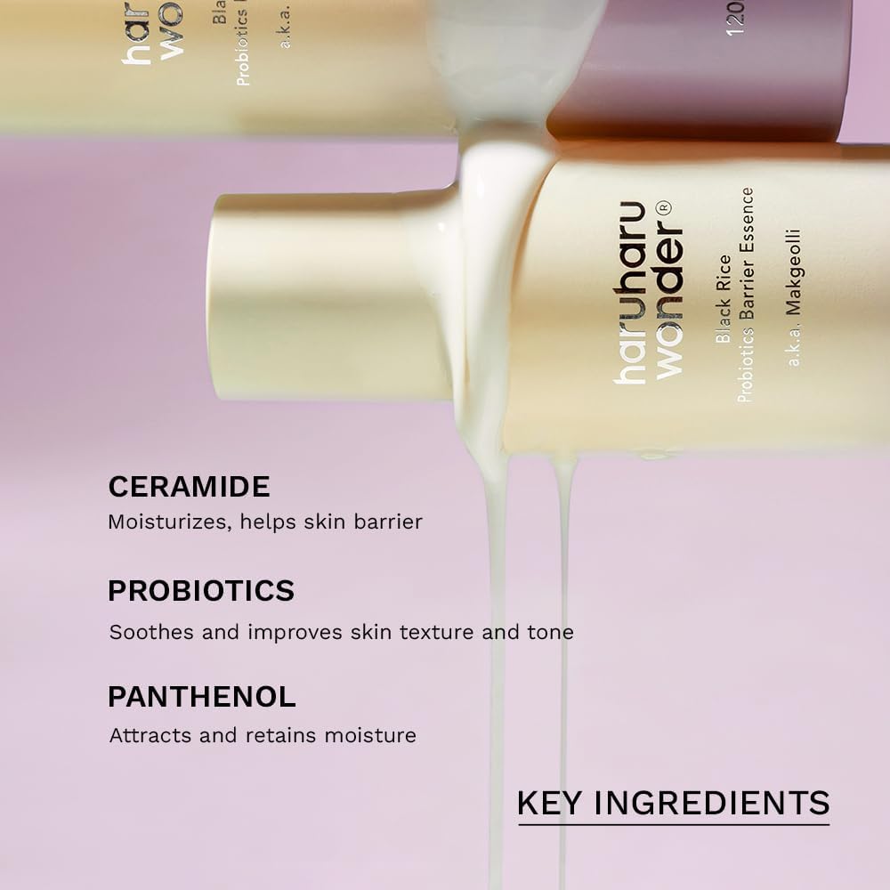 Haruharu black rice probiotics barrier essence bottle showing label details