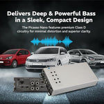 Soundstream Class D compact multi channel car stereo amplifier terminal side showcasing power connections and speaker inputs.