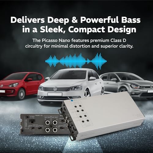 Soundstream Class D compact multi channel car stereo amplifier terminal side showcasing power connections and speaker inputs.