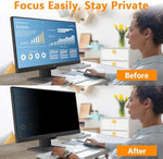 NeoBluTech computer privacy filter package showing slide mount tabs and clear double sided adhesive installation strips.