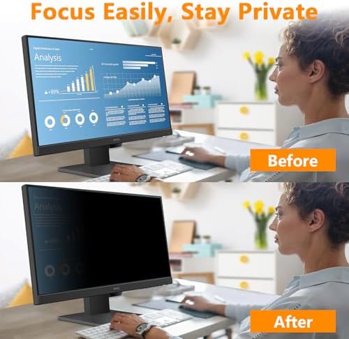 NeoBluTech computer privacy filter package showing slide mount tabs and clear double sided adhesive installation strips.