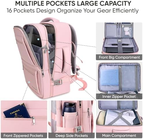 BALEINE pink laptop backpack showing 180-degree flat zipper opening for airport security clearance