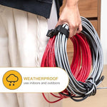 Wowangce workshop storage straps holding a coiled heavy duty electrical cable hanging on a hook.