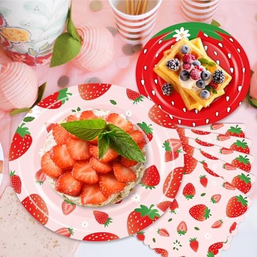 Close up of OuMuaMua strawberry themed paper plates and napkins