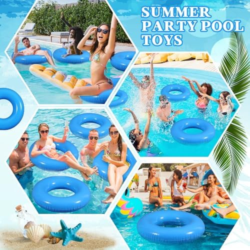 Six blue swimming rings stacked for beach party