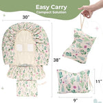 Cactus themed baby high chair cover protecting a child in a restaurant