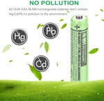 Four individual green and white OSIM 1.2V AAA 400mAh rechargeable battery cells lined up.