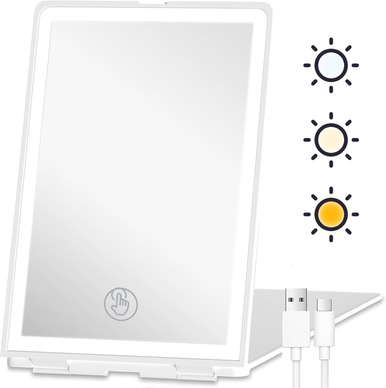 Haikopoon travel makeup mirror with lights showing the front view with seventy two LEDs illuminated in cool light mode.