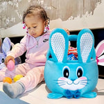 Round plush toy storage basket used for nursery room organization
