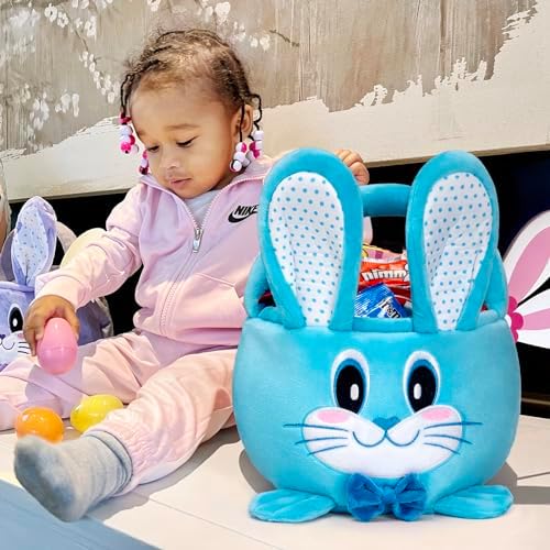 Round plush toy storage basket used for nursery room organization