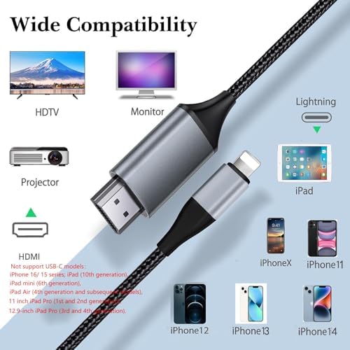 Durable braided gray mirroring cable for iPhone to television setup.